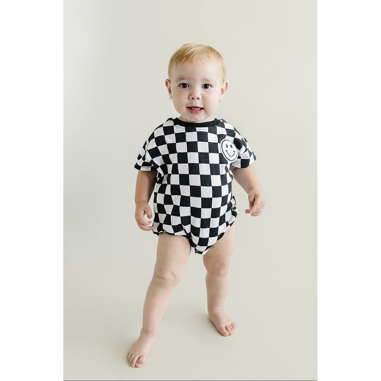 Short Sleeve Bubble Romper | Checkered Smiley Black