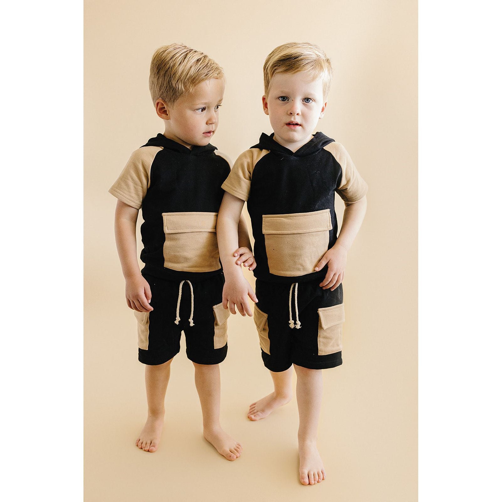 Terry Cargo Shorts Set | Black & Tan