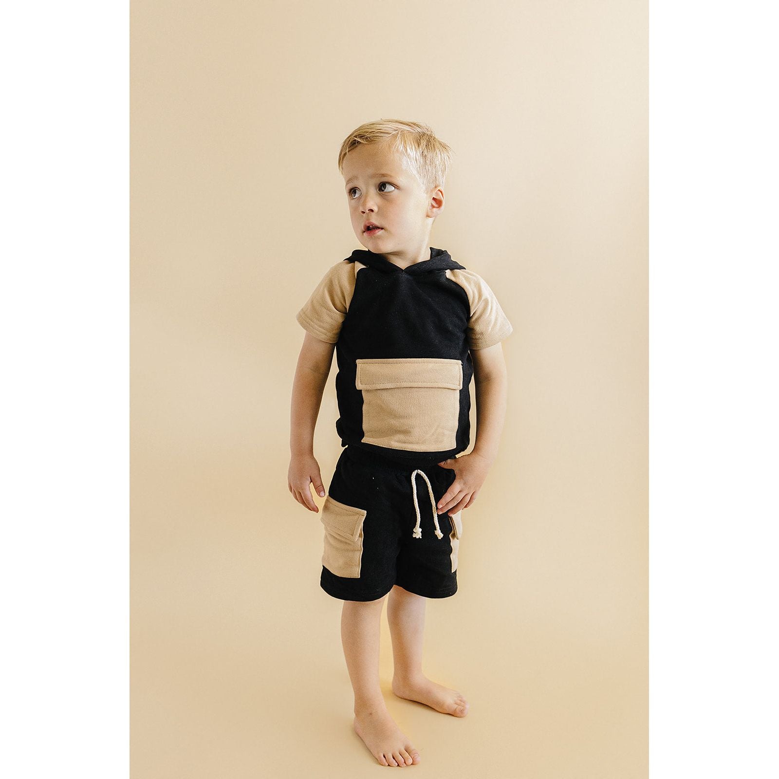Terry Cargo Shorts Set | Black & Tan