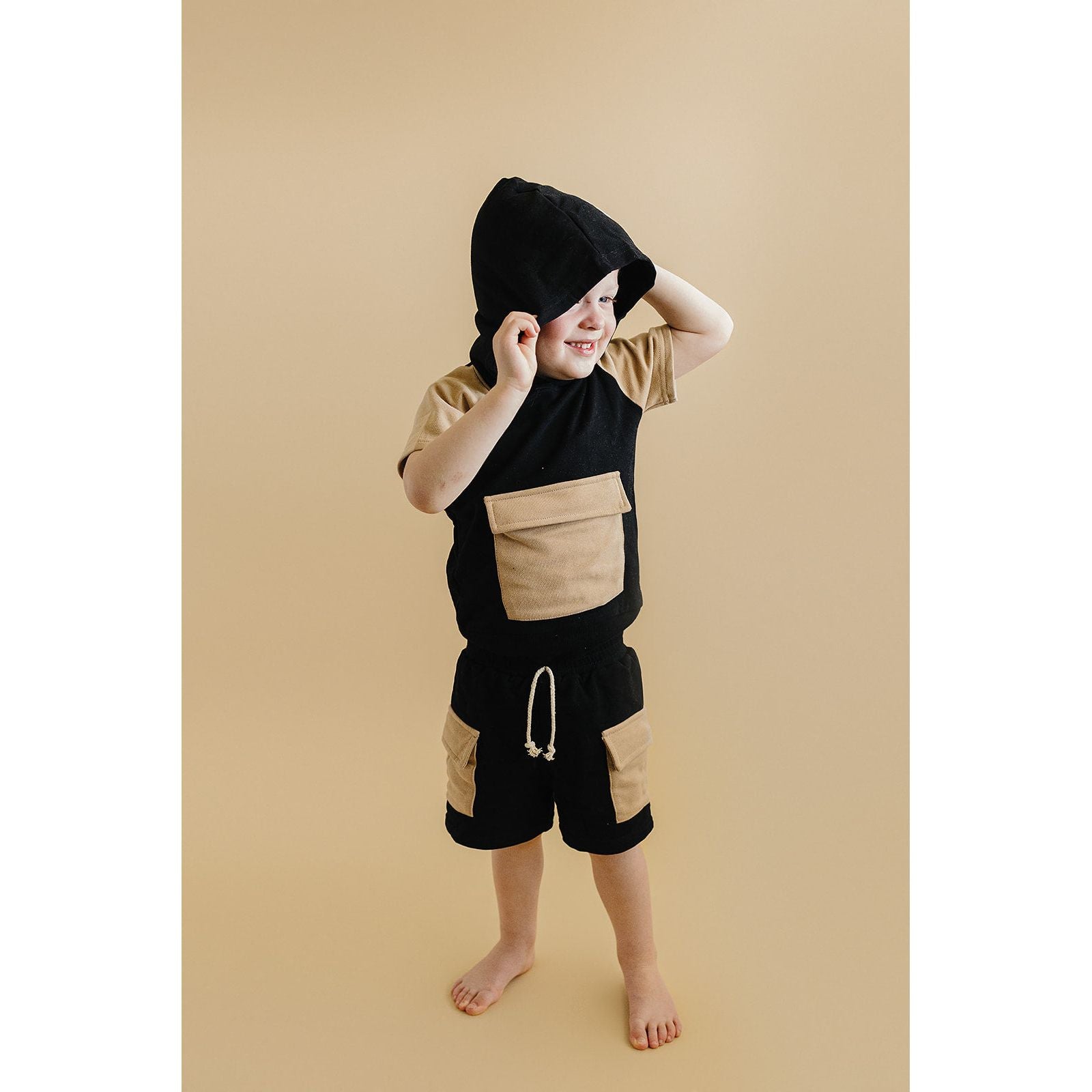 Terry Cargo Shorts Set | Black & Tan