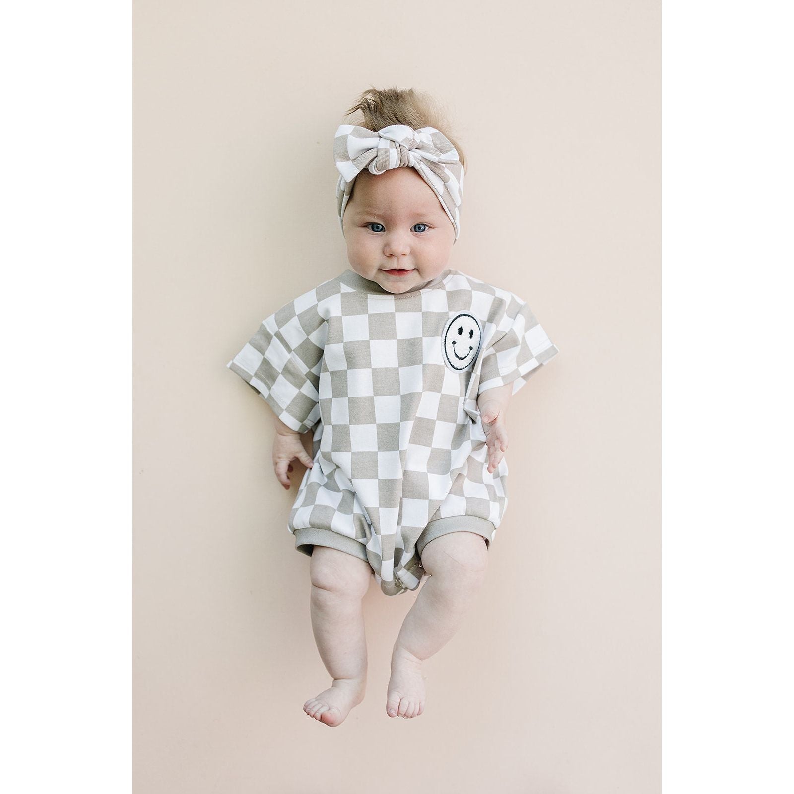 Short Sleeve Bubble Romper | Checkered Smiley Latte