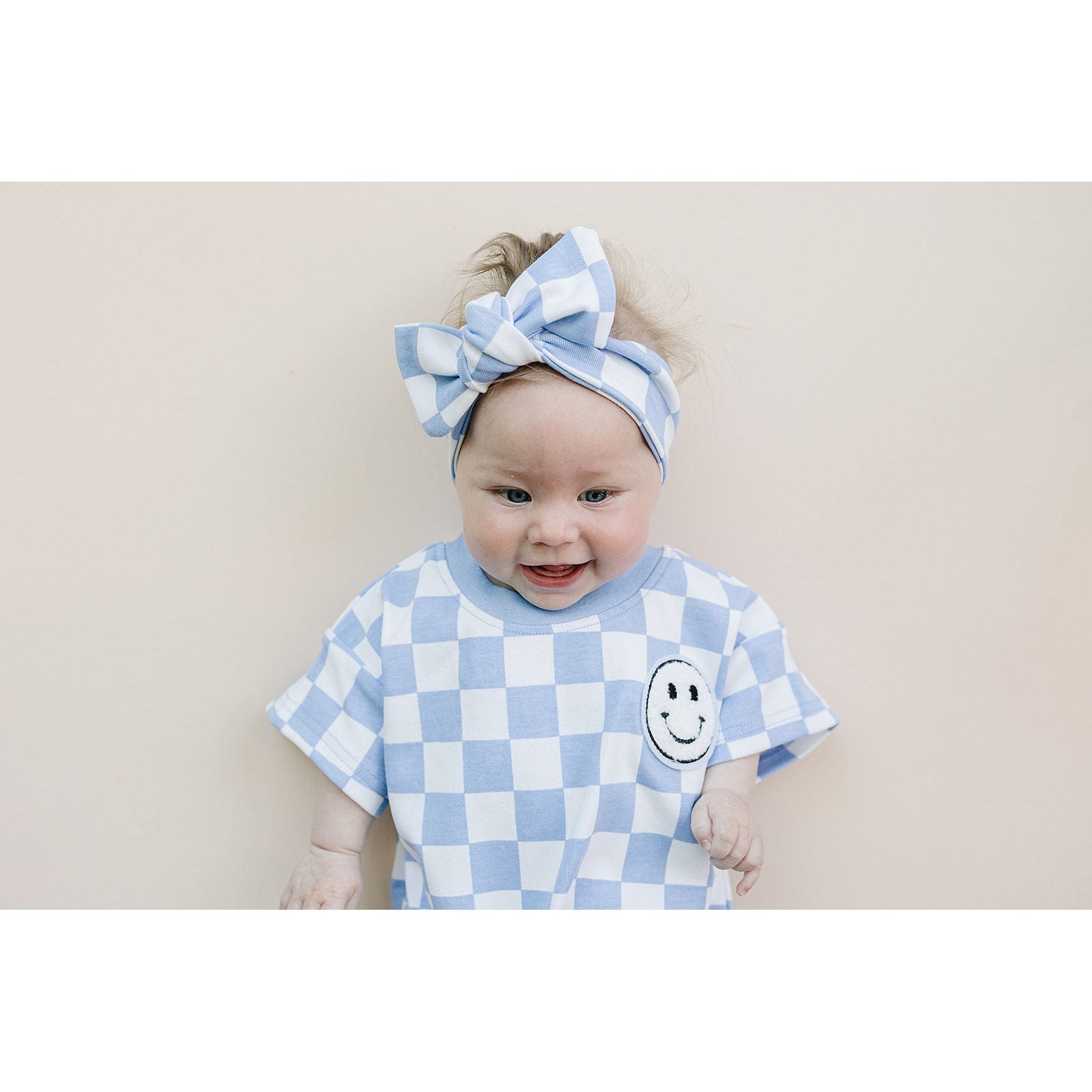 Short Sleeve Bubble Romper | Checkered Smiley Blue