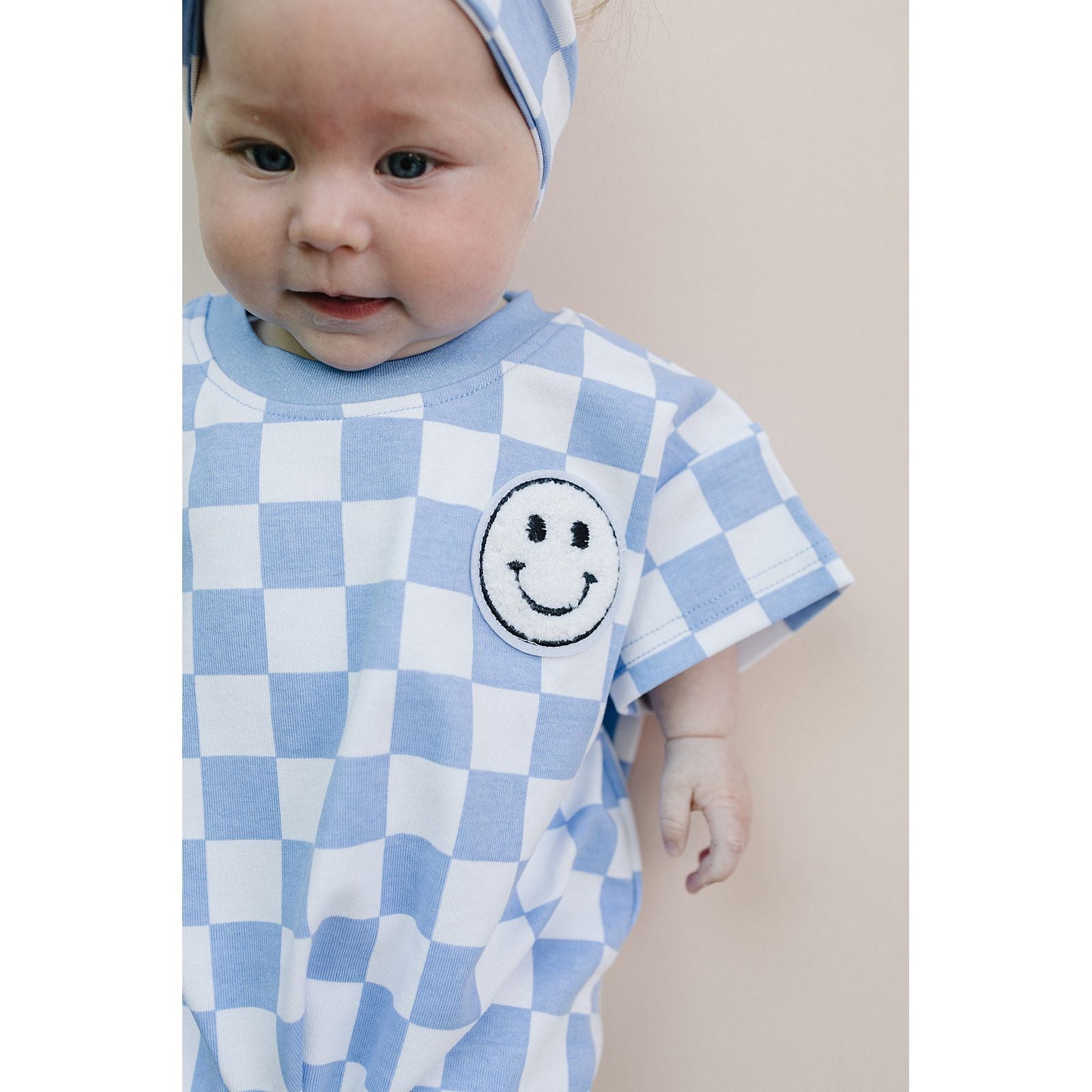 Short Sleeve Bubble Romper | Checkered Smiley Blue
