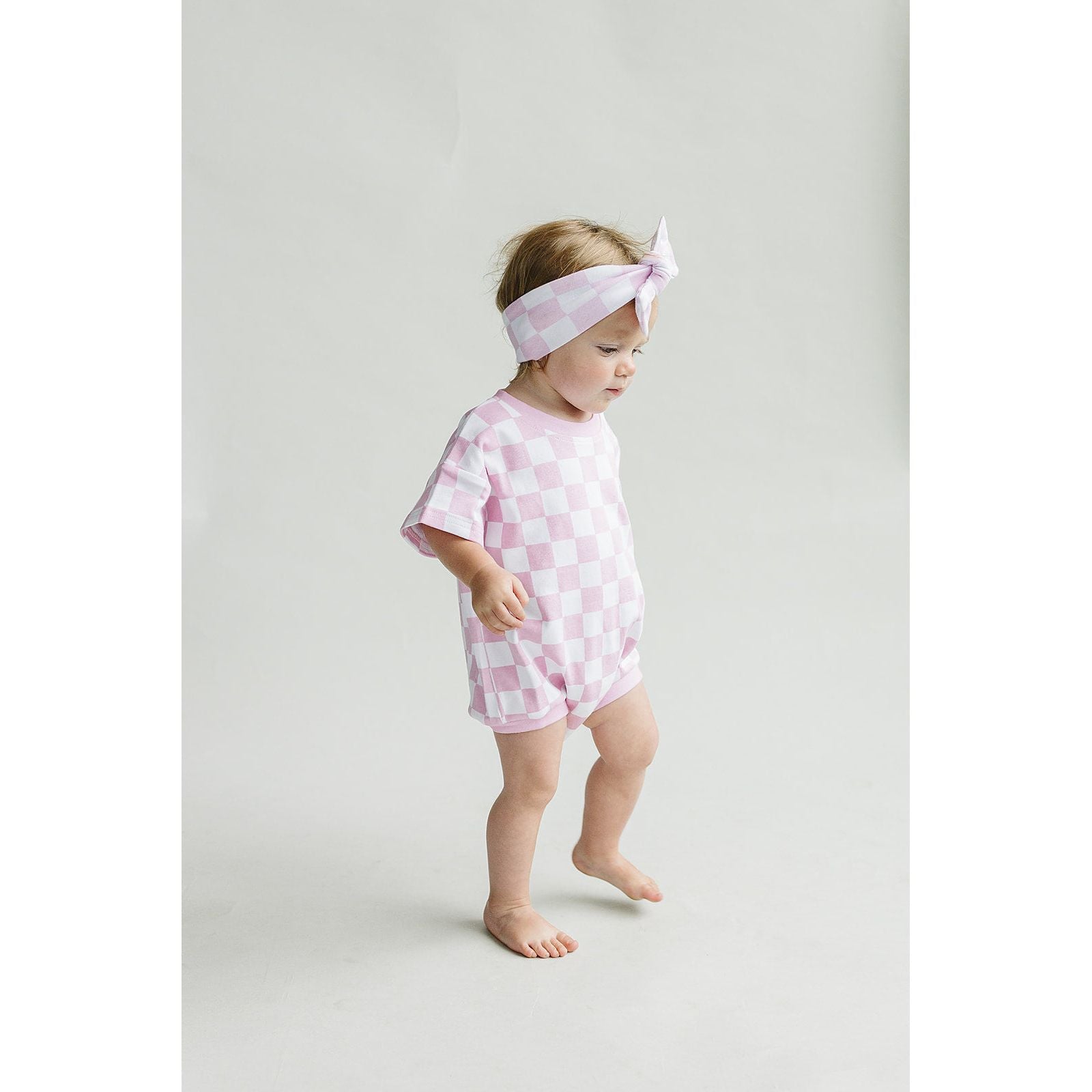 Short Sleeve Bubble Romper | Checkered Smiley Pink