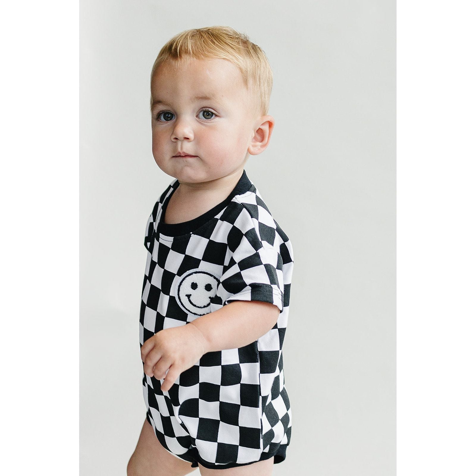 Short Sleeve Bubble Romper | Checkered Smiley Black