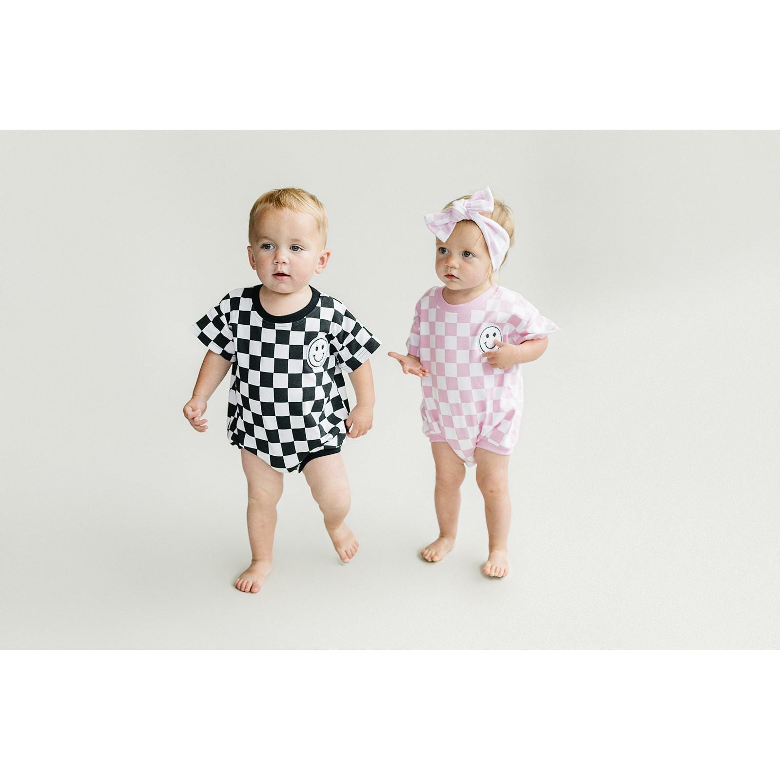 Short Sleeve Bubble Romper | Checkered Smiley Black