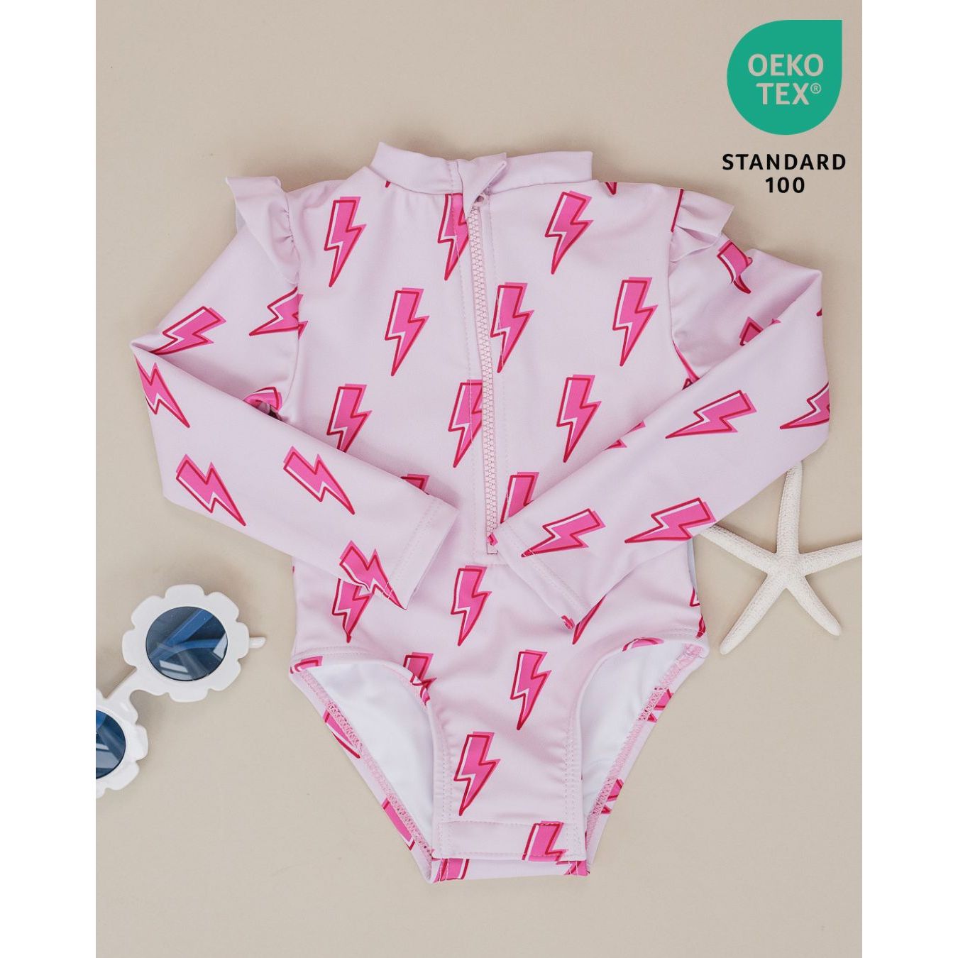 Long Sleeve Rash Guard Swimsuit | Pink Bolts
