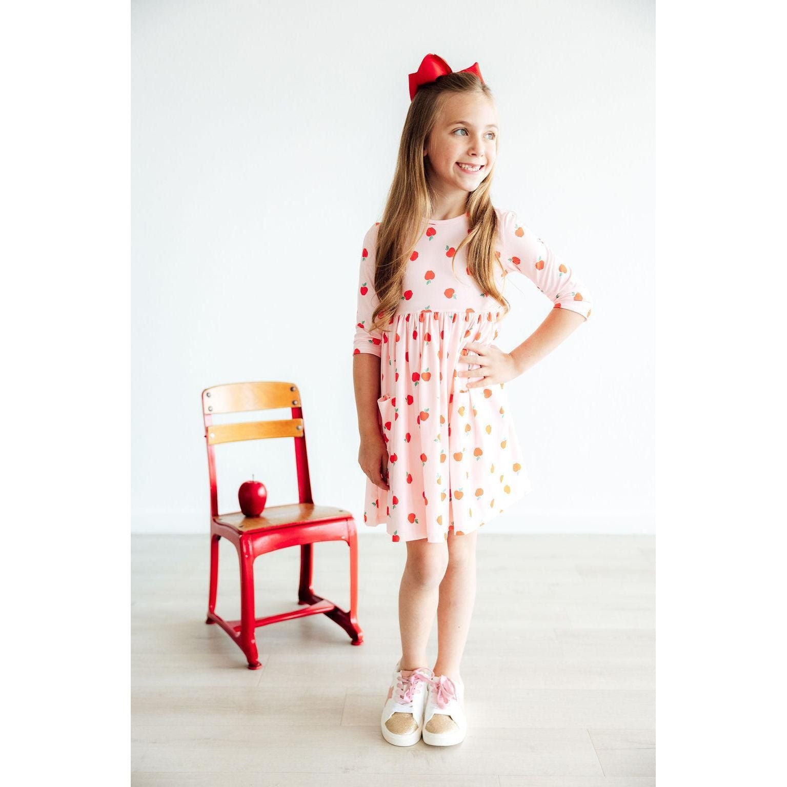 An Apple a Day 3/4 Sleeve Pocket Twirl Dress
