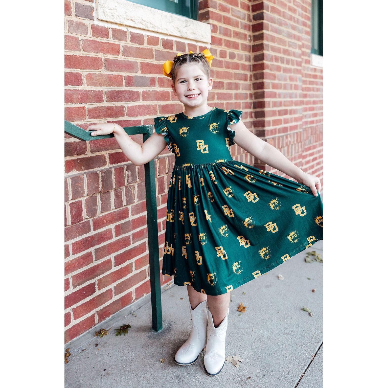 Baylor Green Bear Flutter Twirl Dress