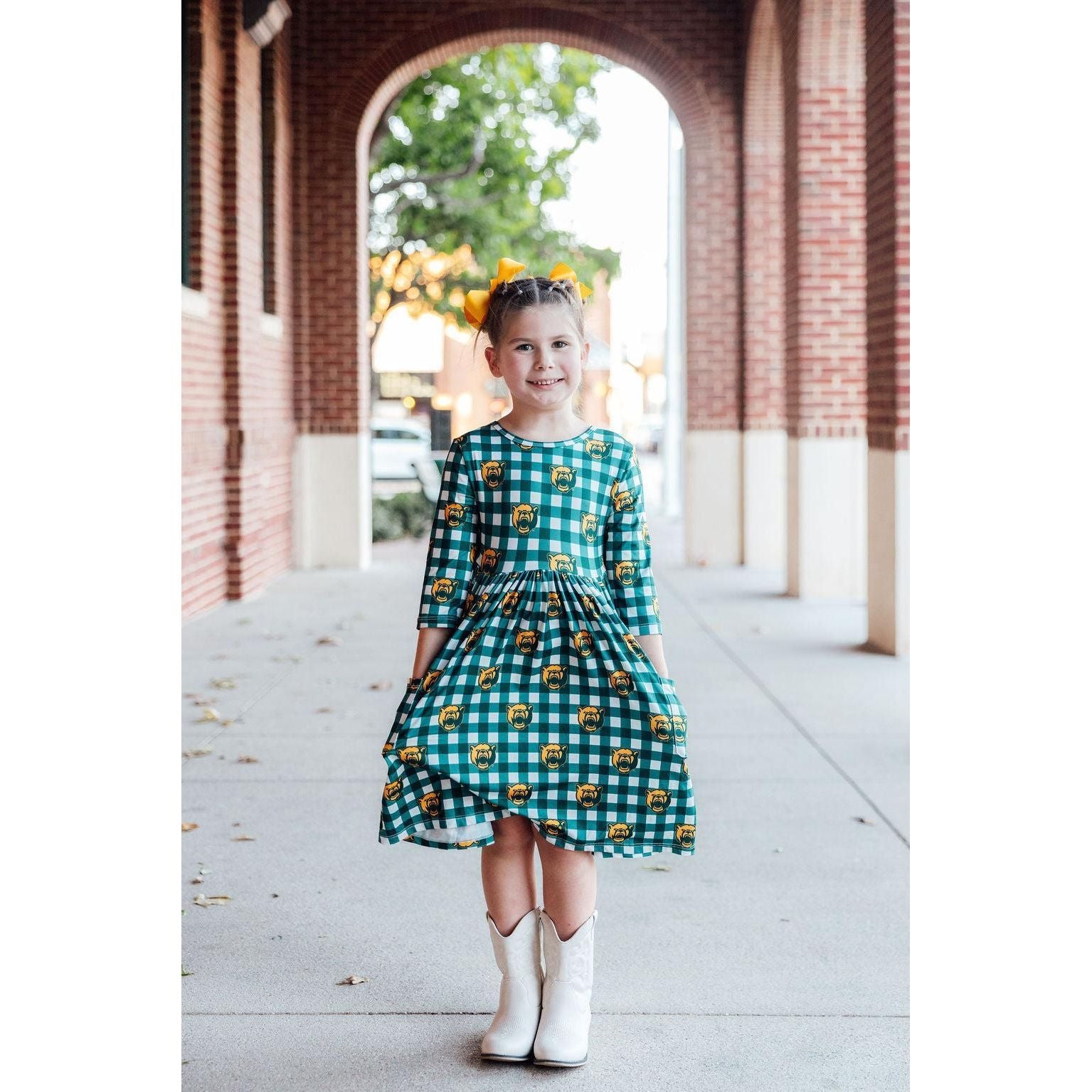 Baylor Plaid Bear 3/4 Sleeve Pocket Twirl Dress