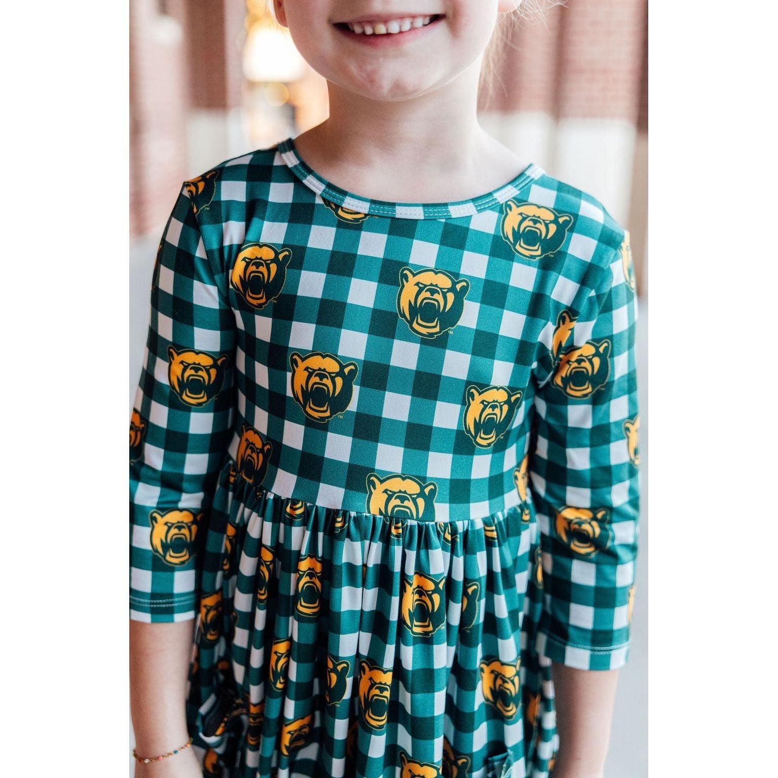Baylor Plaid Bear 3/4 Sleeve Pocket Twirl Dress