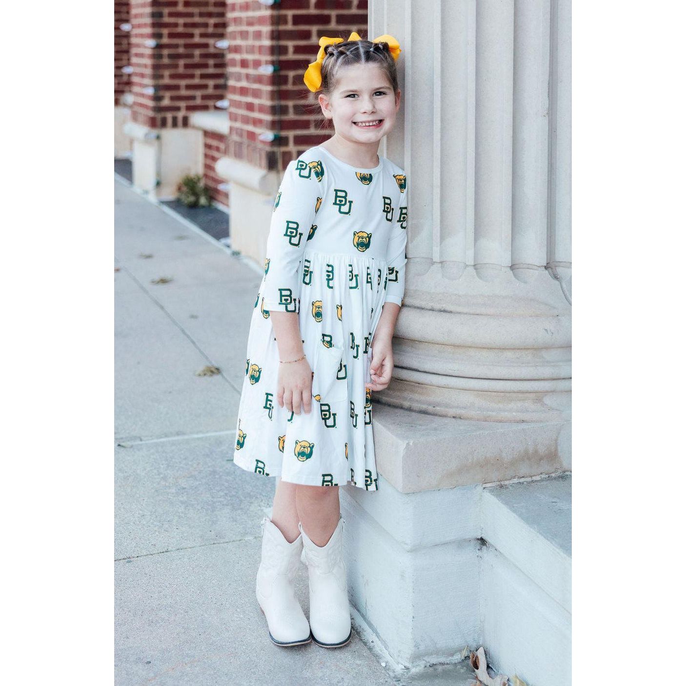 Baylor White Bear 3/4 Sleeve Pocket Twirl Dress