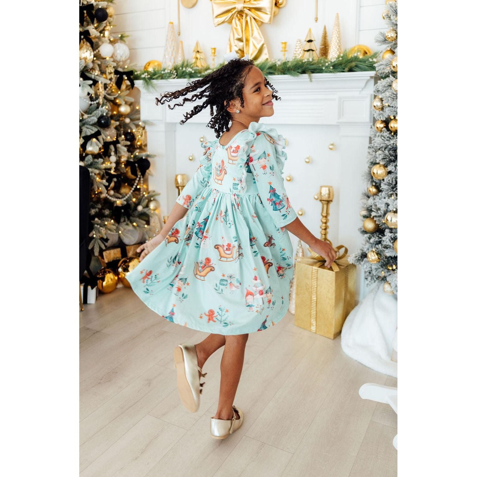 Believe in Your Elf 3/4 Sleeve Ruffle Twirl Dress