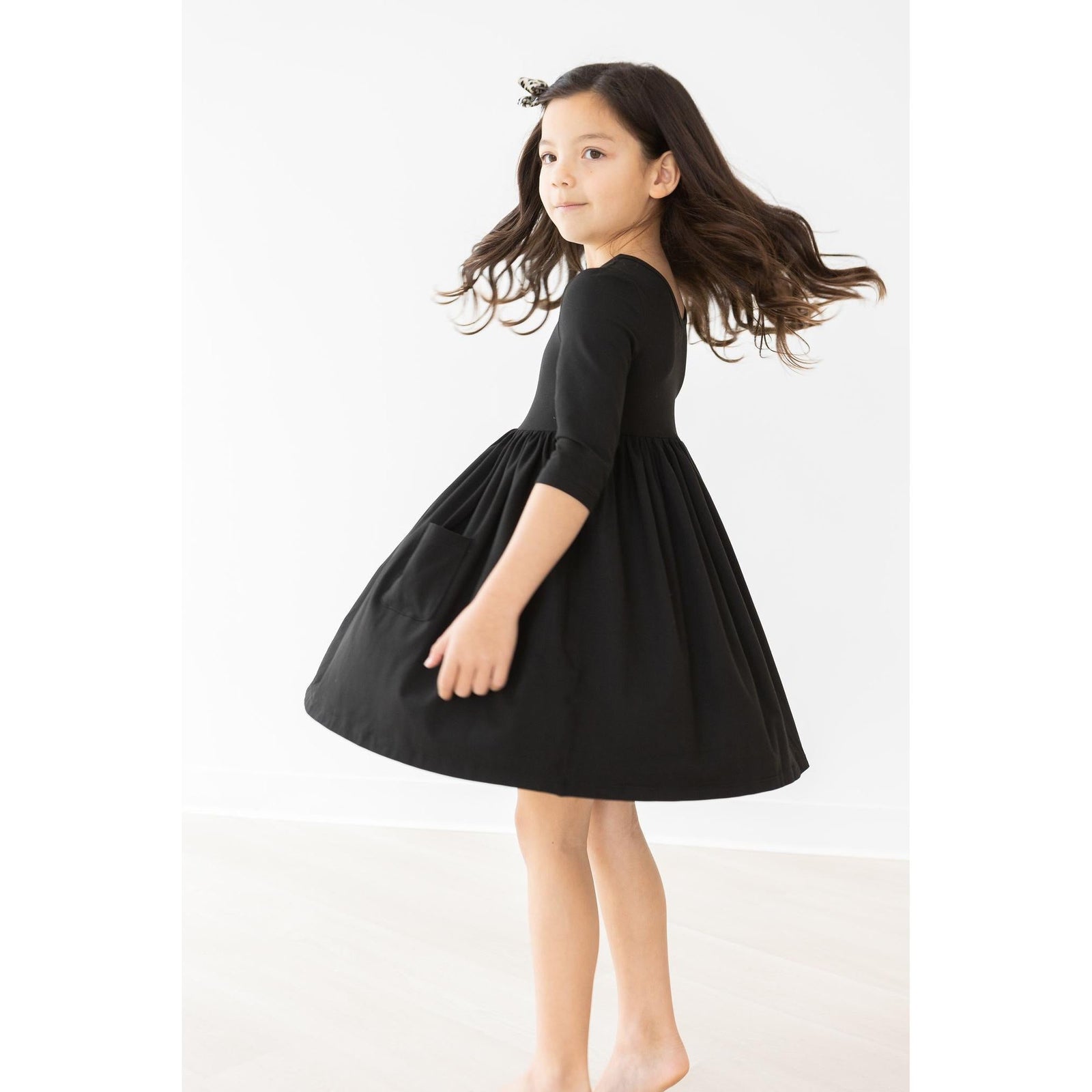 Black 3/4 Sleeve Pocket Twirl Dress