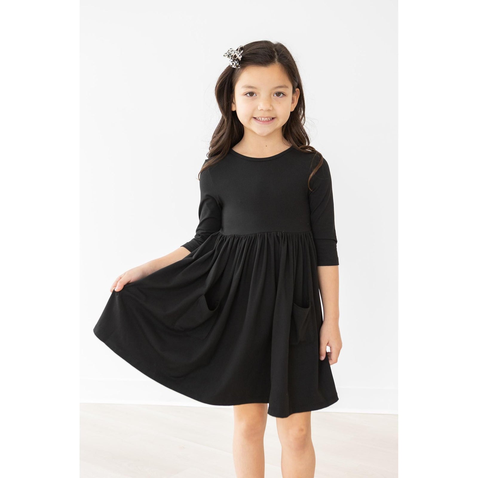 Black 3/4 Sleeve Pocket Twirl Dress