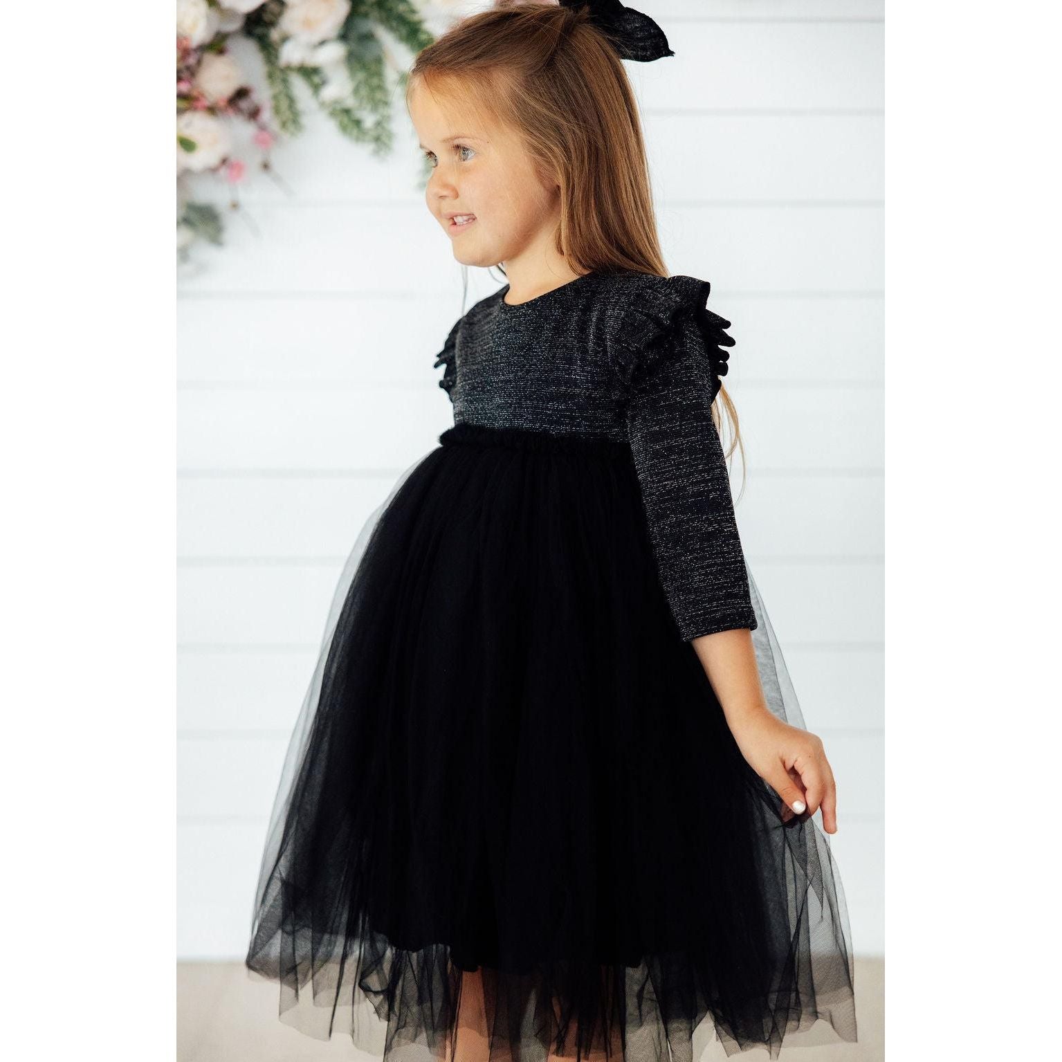 Black Shimmer 3/4 Sleeve Tutu Dress