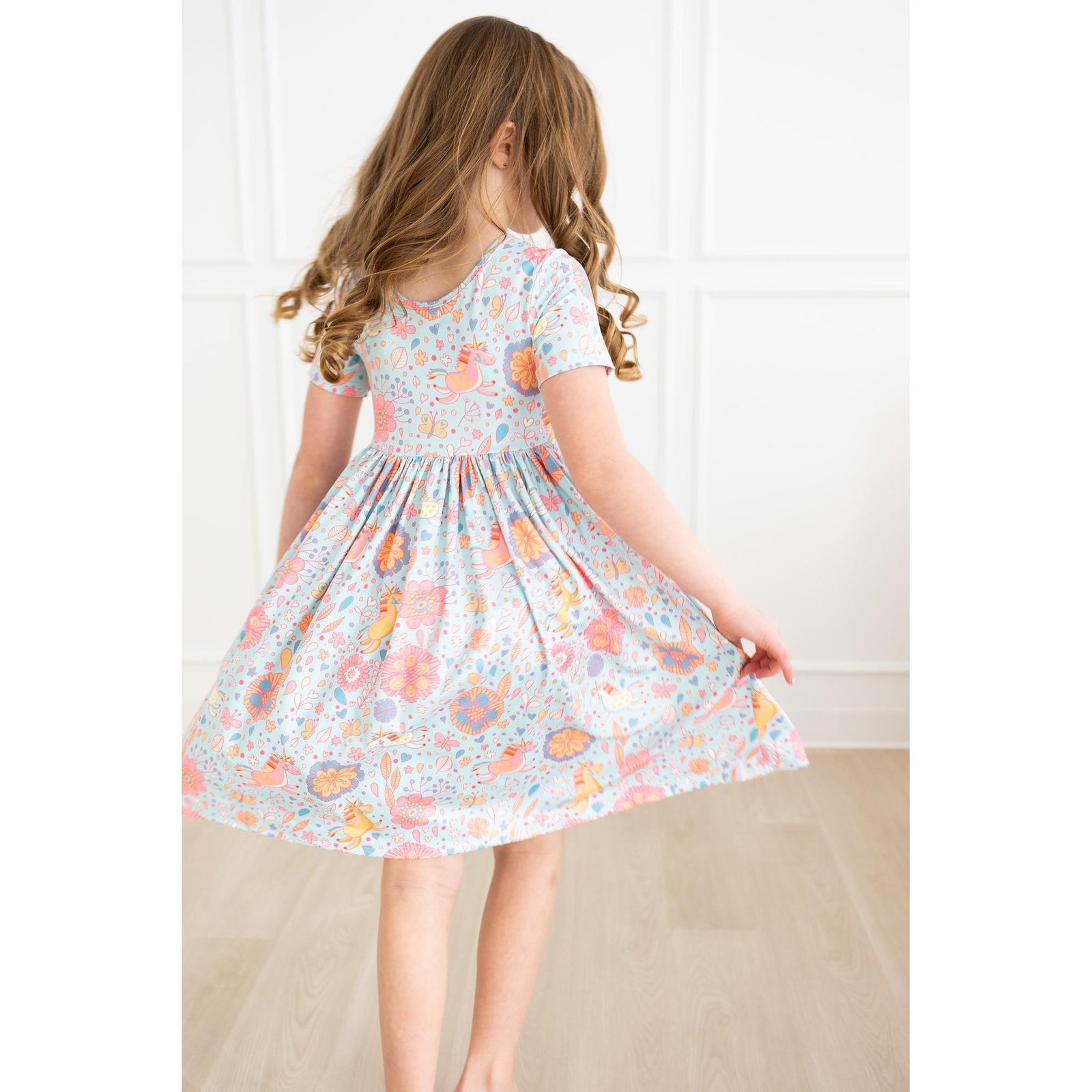 Blue Retro Unicorns S/S Pocket Twirl Dress