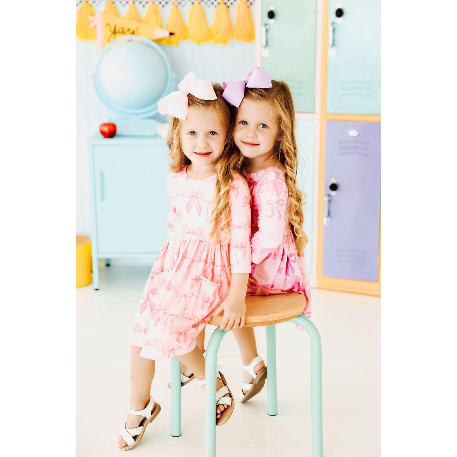 Blushing Bows 3/4 Sleeve Pocket Twirl Dress