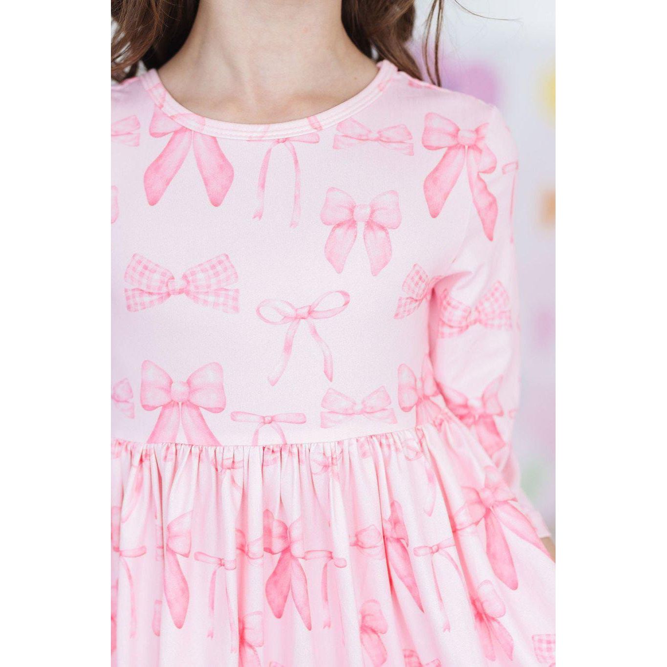 Blushing Bows 3/4 Sleeve Pocket Twirl Dress