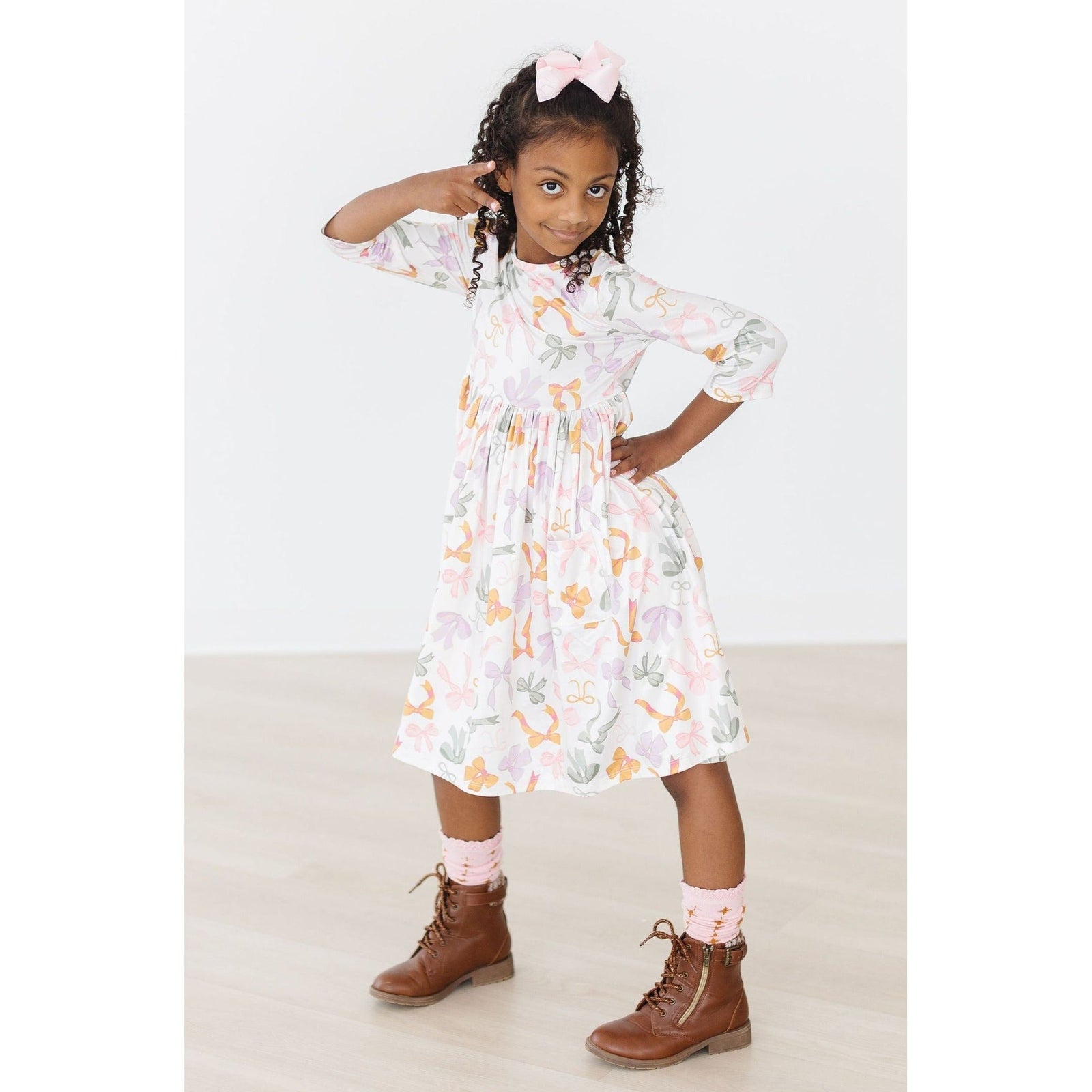 Boho Bows 3/4 Sleeve Pocket Twirl Dress