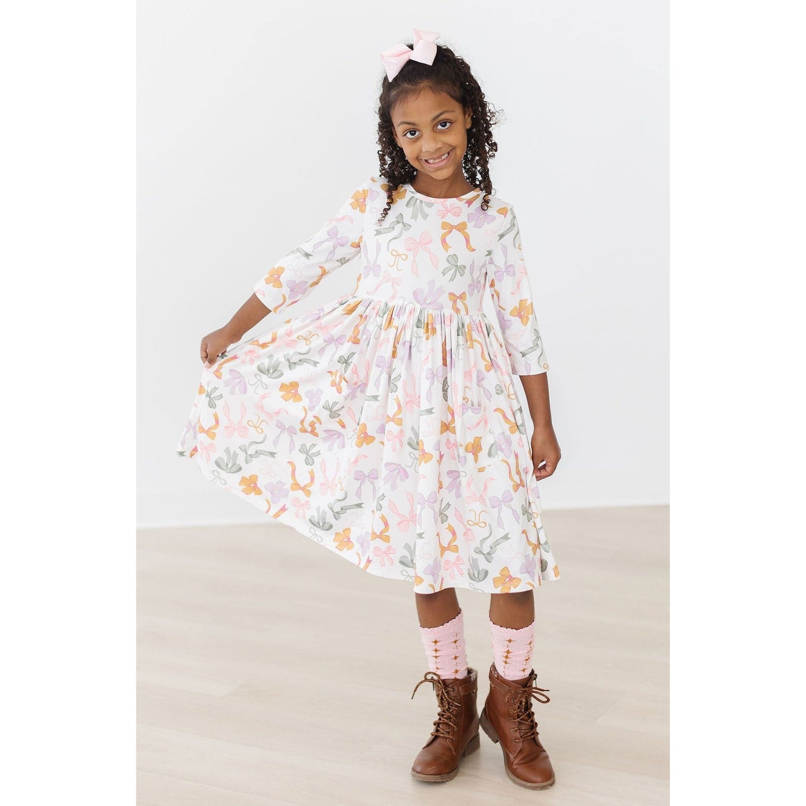 Boho Bows 3/4 Sleeve Pocket Twirl Dress