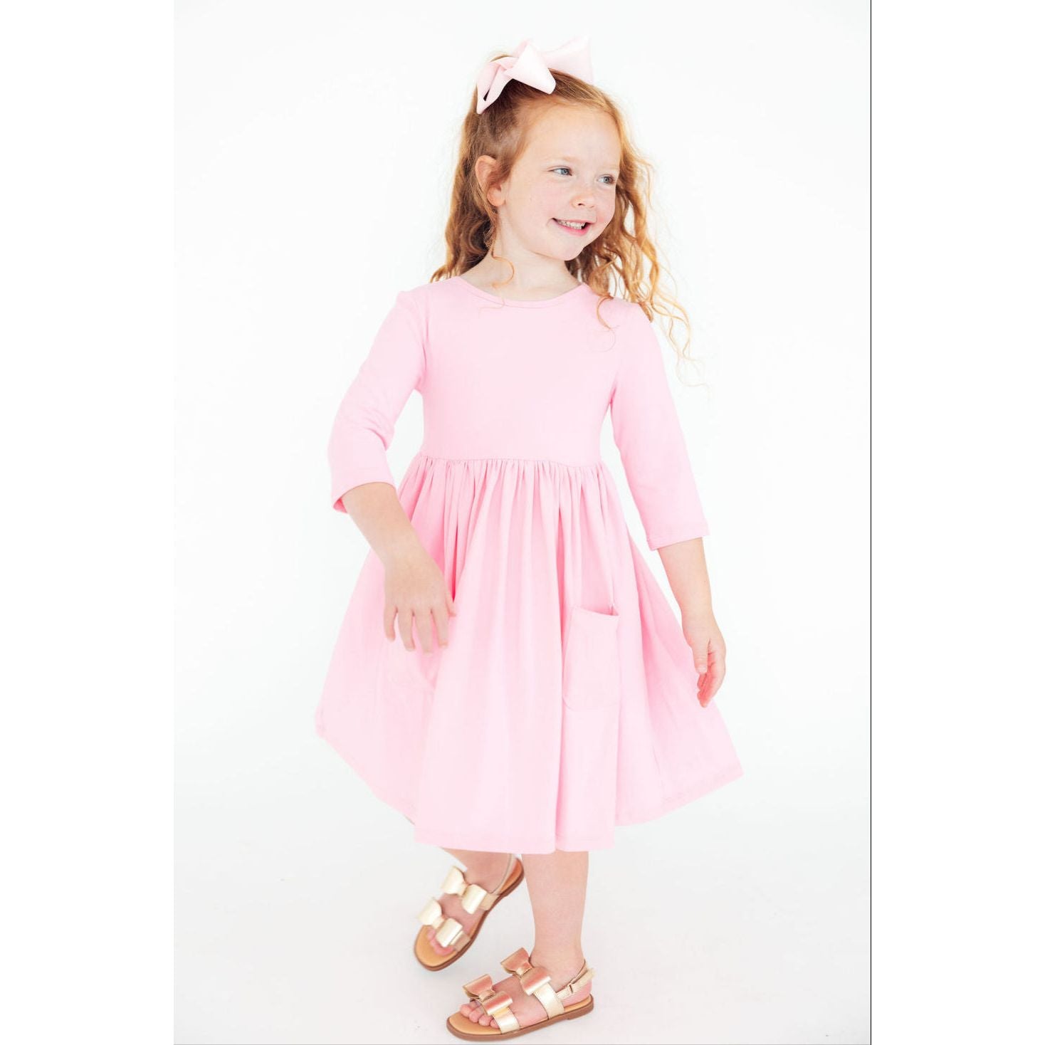Bubblegum Pink 3/4 Sleeve Pocket Twirl Dress