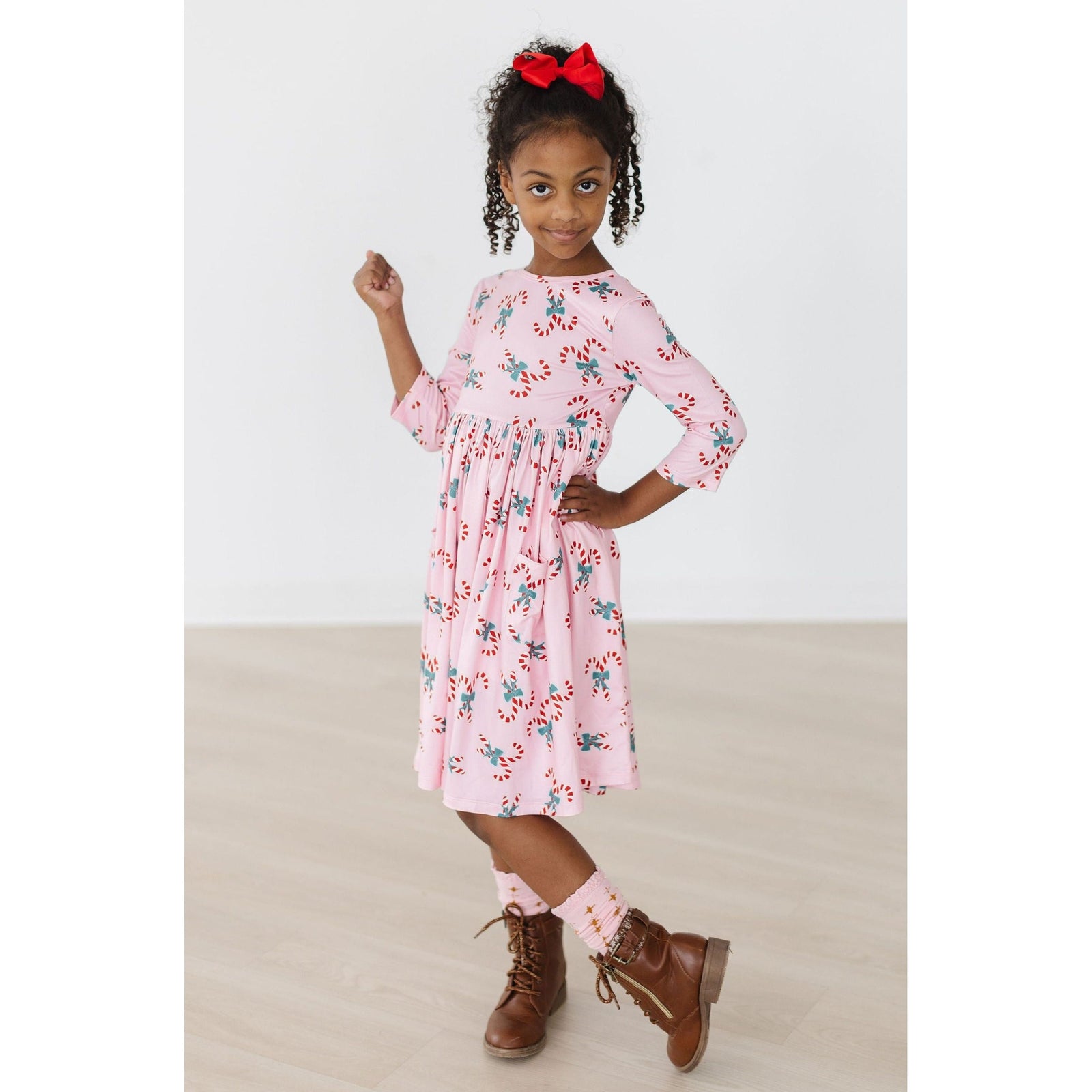 Candy Cane Cutie 3/4 Sleeve Pocket Twirl Dress