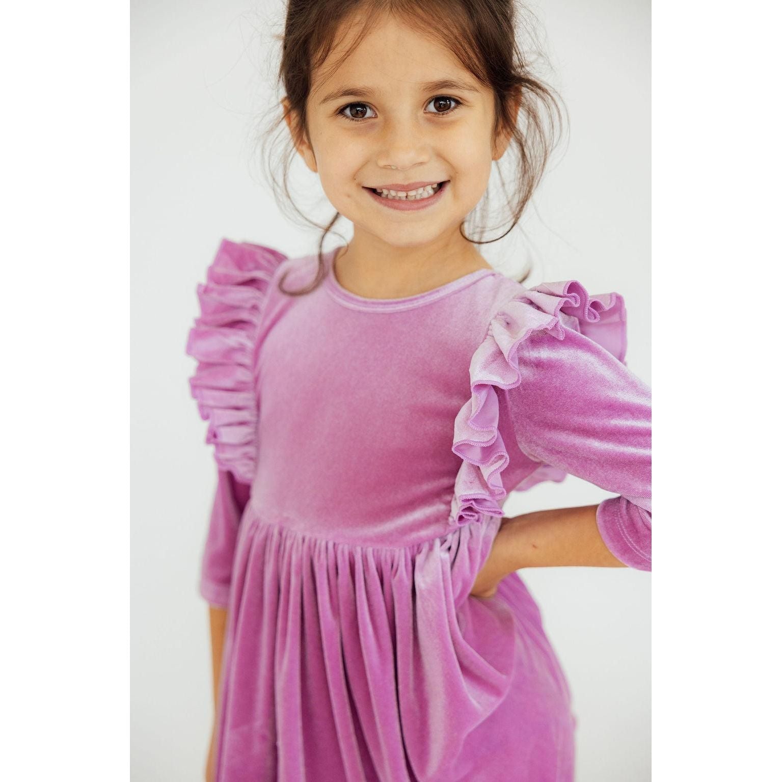 Carnation Pink Velvet Ruffle Twirl Dress