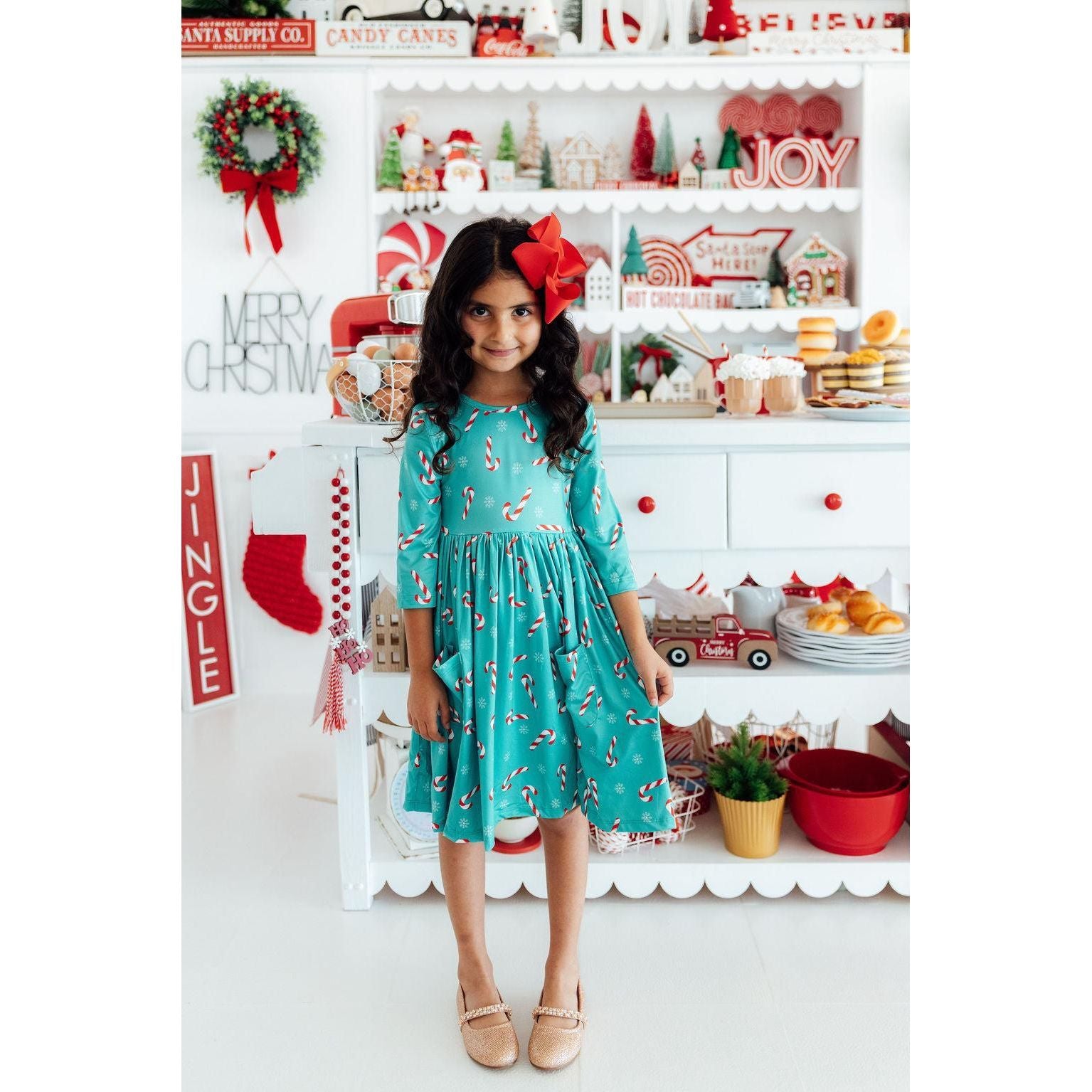 Christmas Candy 3/4 Sleeve Pocket Twirl Dress