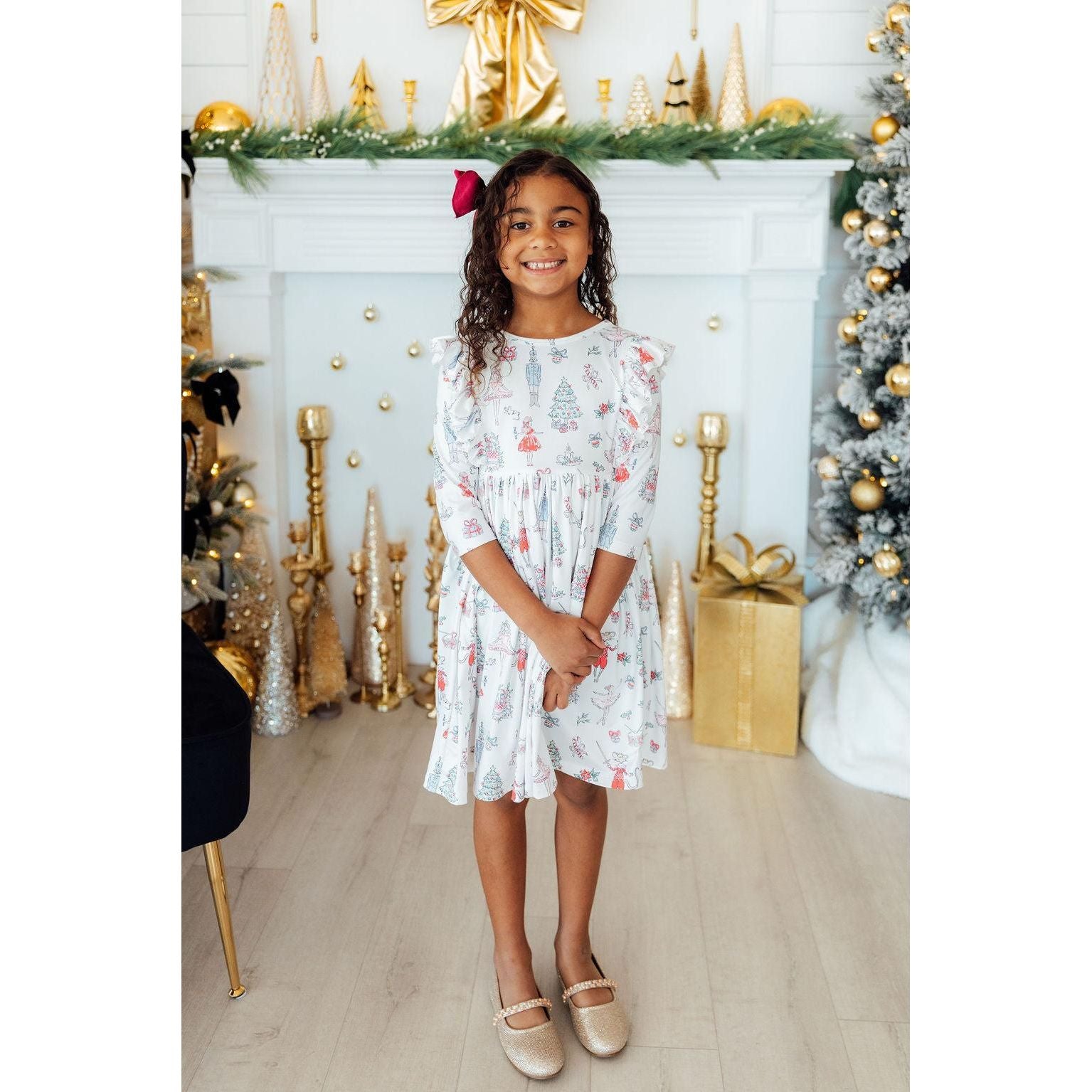 Clara's Christmas 3/4 Sleeve Ruffle Twirl Dress