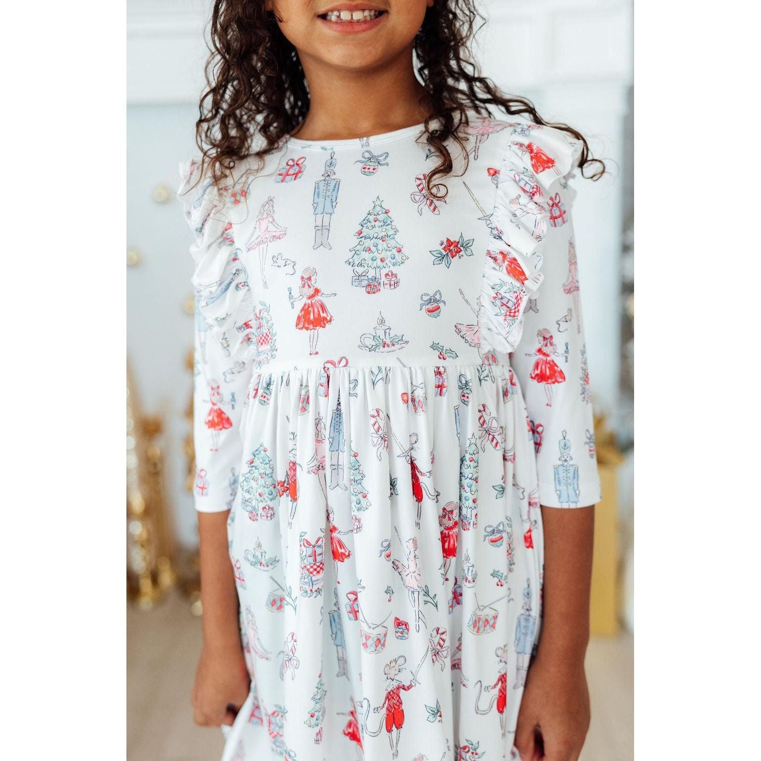 Clara's Christmas 3/4 Sleeve Ruffle Twirl Dress