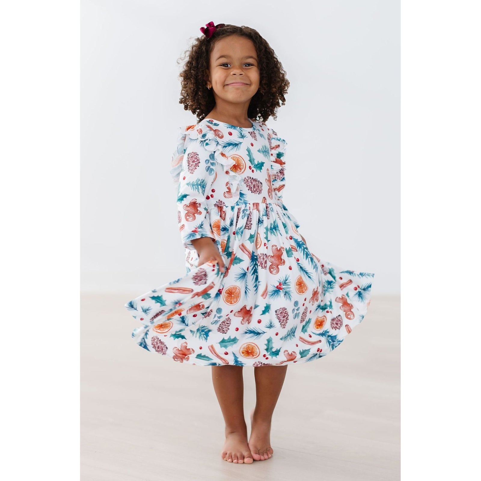 Classic Christmas 3/4 Sleeve Ruffle Twirl Dress