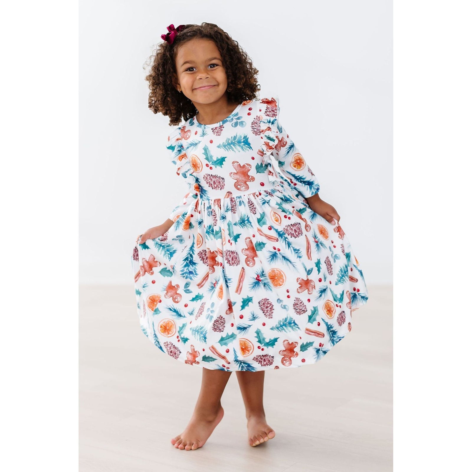 Classic Christmas 3/4 Sleeve Ruffle Twirl Dress
