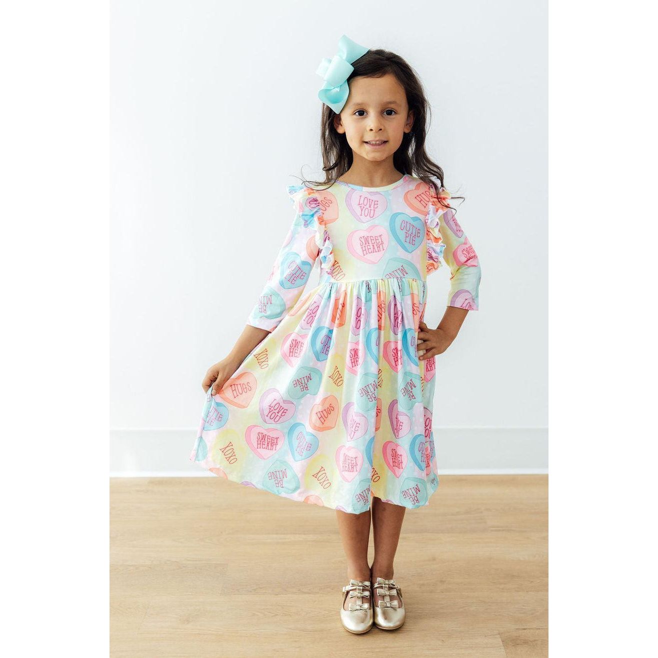 Conversation Hearts 3/4 Sleeve Ruffle Twirl Dress