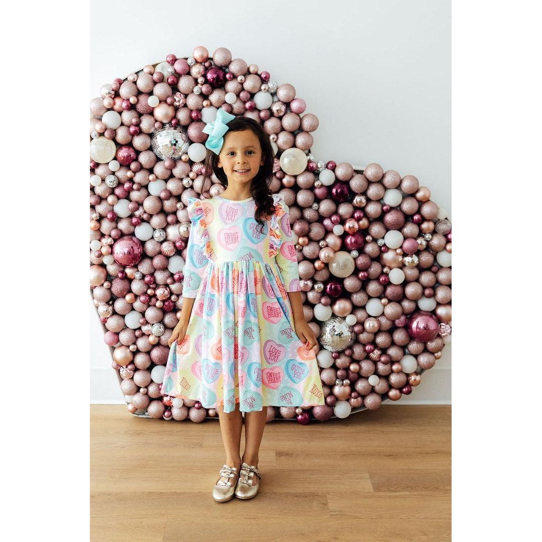 Conversation Hearts 3/4 Sleeve Ruffle Twirl Dress