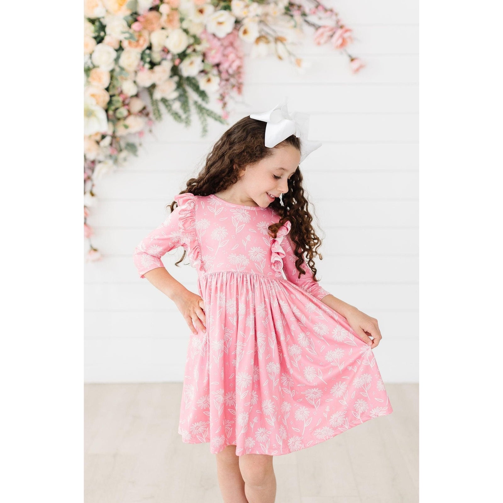 Dahlia Doodles 3/4 Sleeve Ruffle Twirl Dress