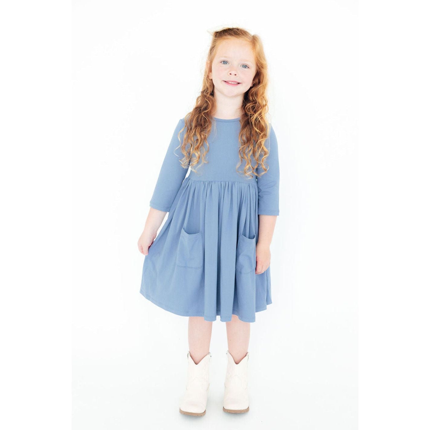 Dusty Blue 3/4 Sleeve Pocket Twirl Dress