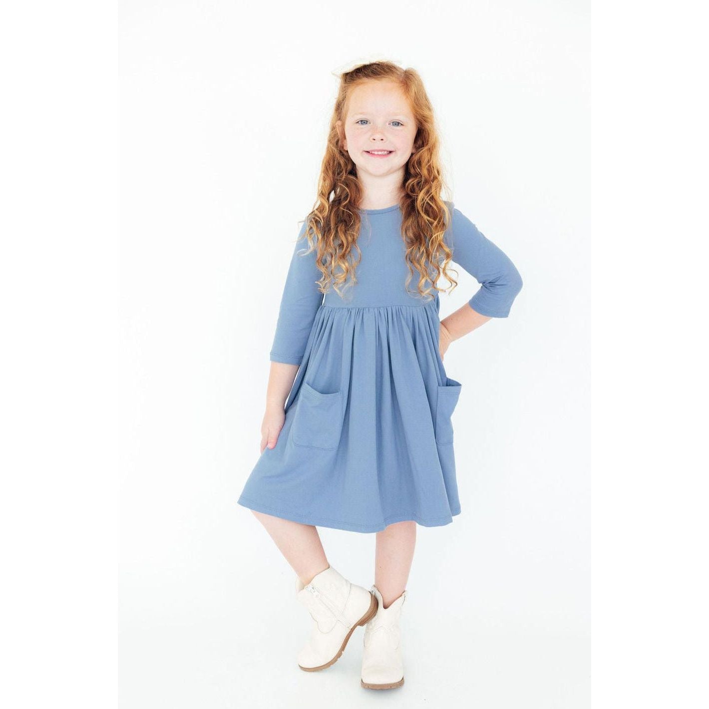 Dusty Blue 3/4 Sleeve Pocket Twirl Dress