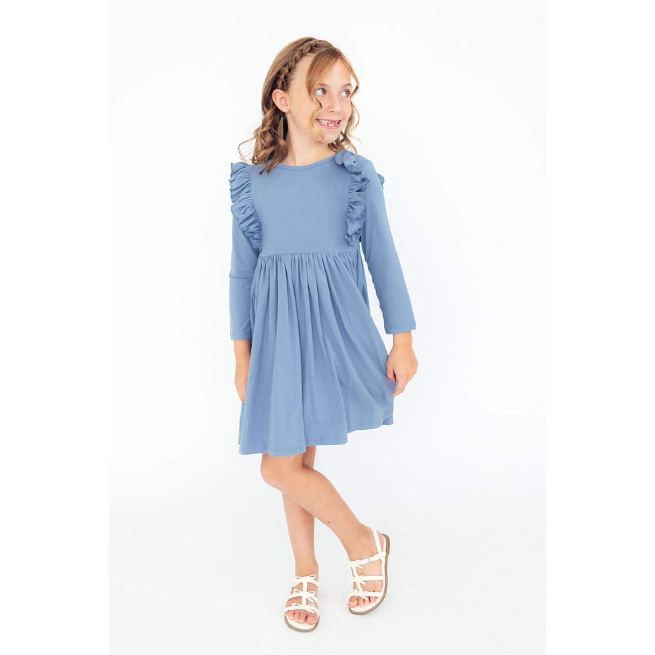 Dusty Blue L/S Ruffle Twirl Dress