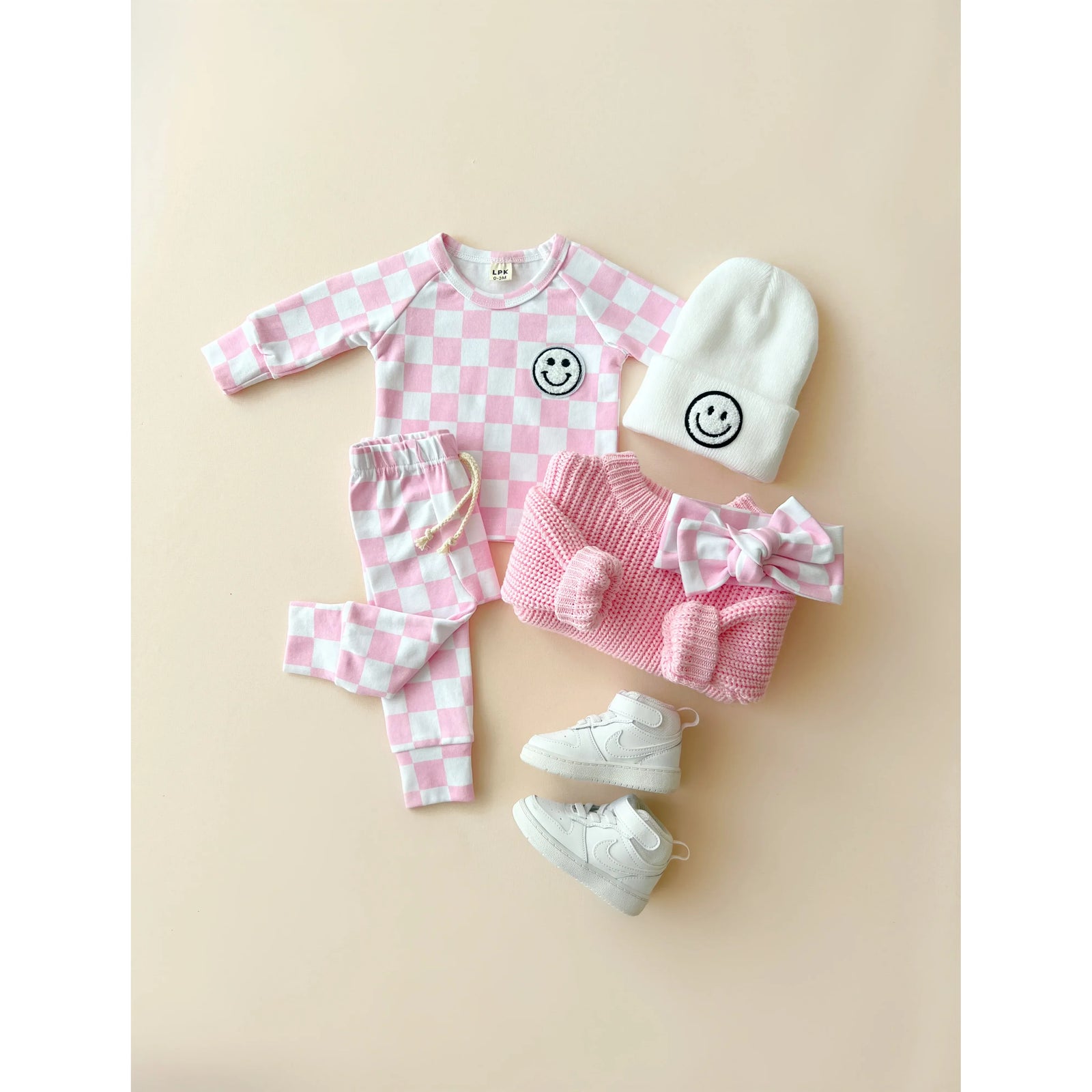 Checkered Smiley Lounge Set | Pink