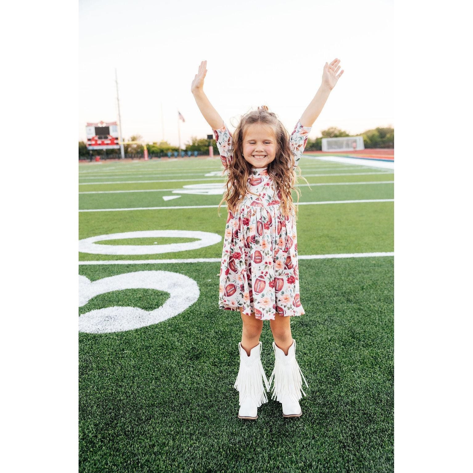 Footballs & Flowers 3/4 Sleeve Pocket Twirl Dress