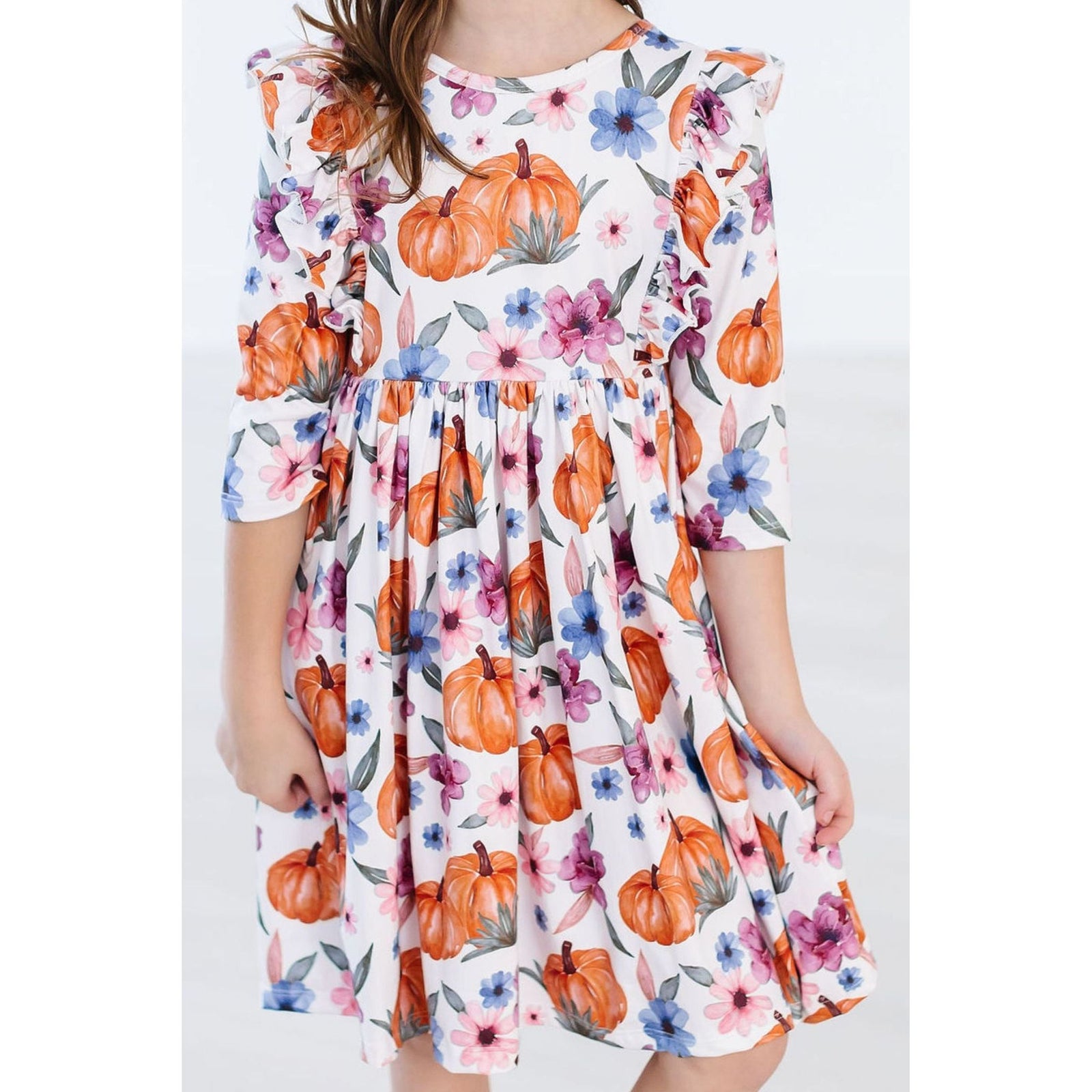 Hey Pumpkin 3/4 Sleeve Ruffle Twirl Dress