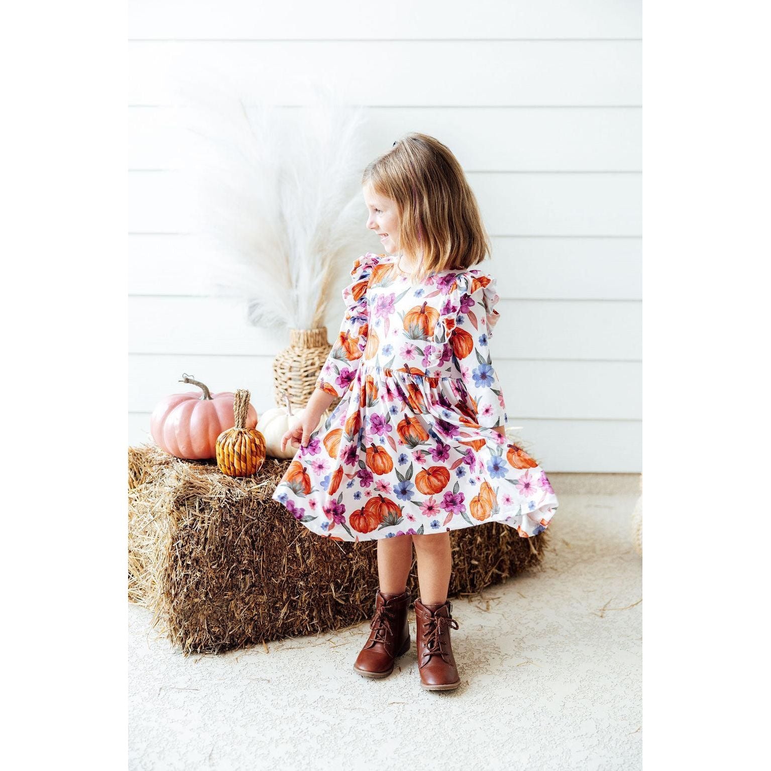 Hey Pumpkin 3/4 Sleeve Ruffle Twirl Dress