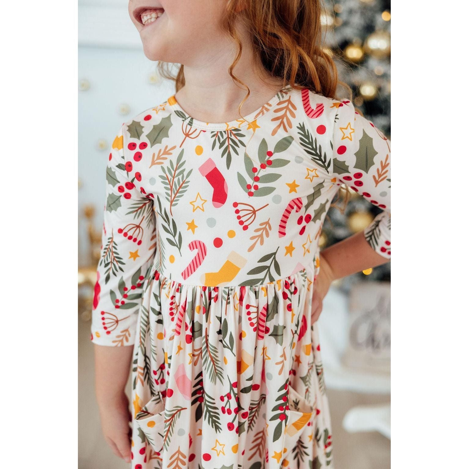 Holly Jolly Christmas 3/4 Sleeve Pocket Twirl Dress