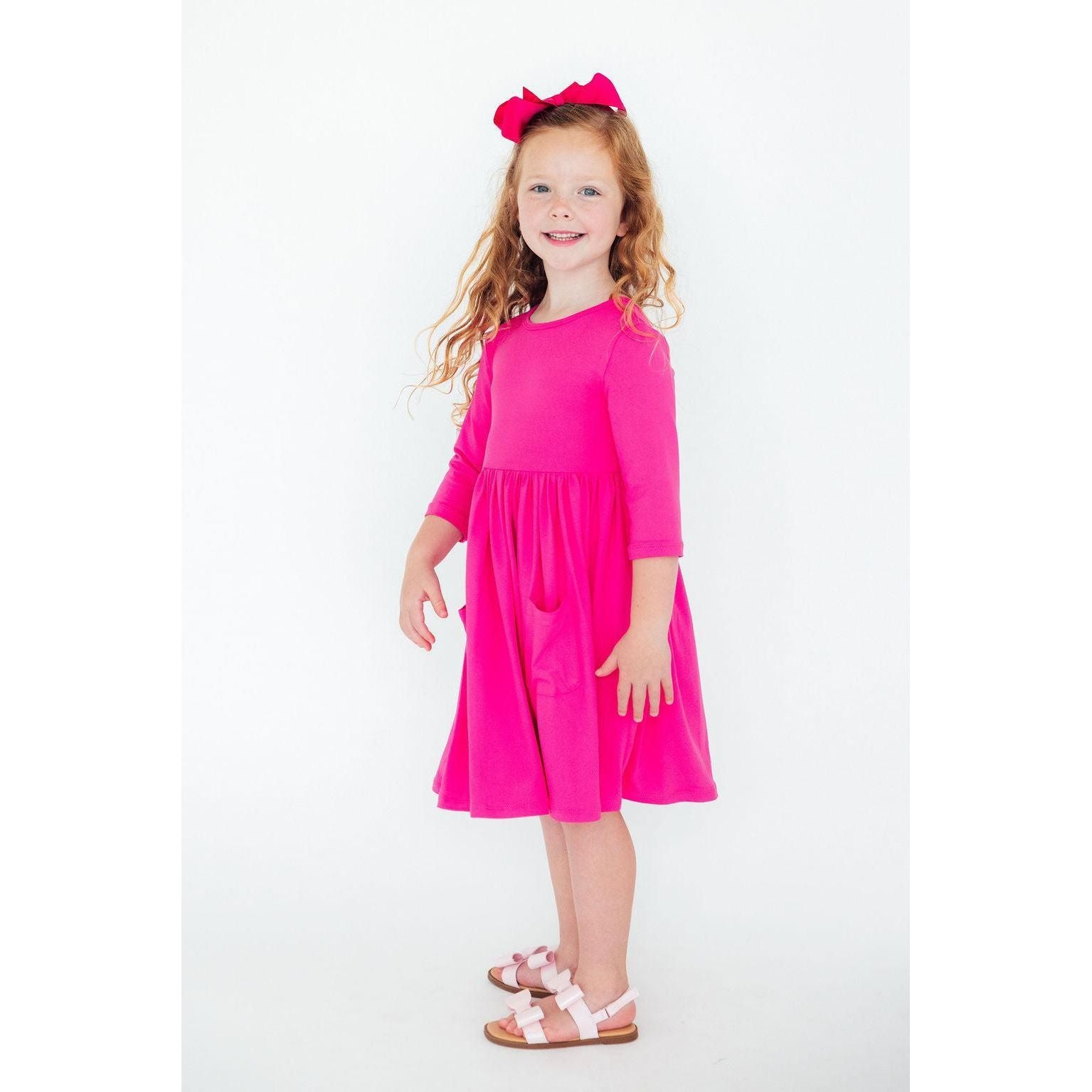 Hot Pink 3/4 Sleeve Pocket Twirl Dress