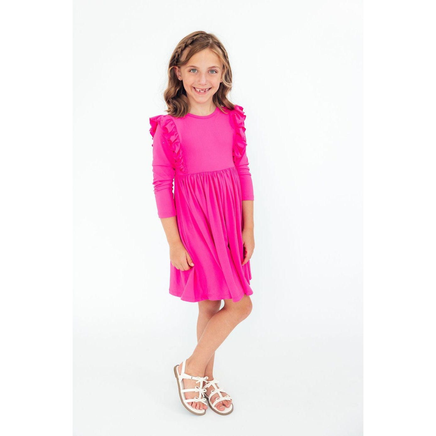 Hot Pink L/S Ruffle Twirl Dress