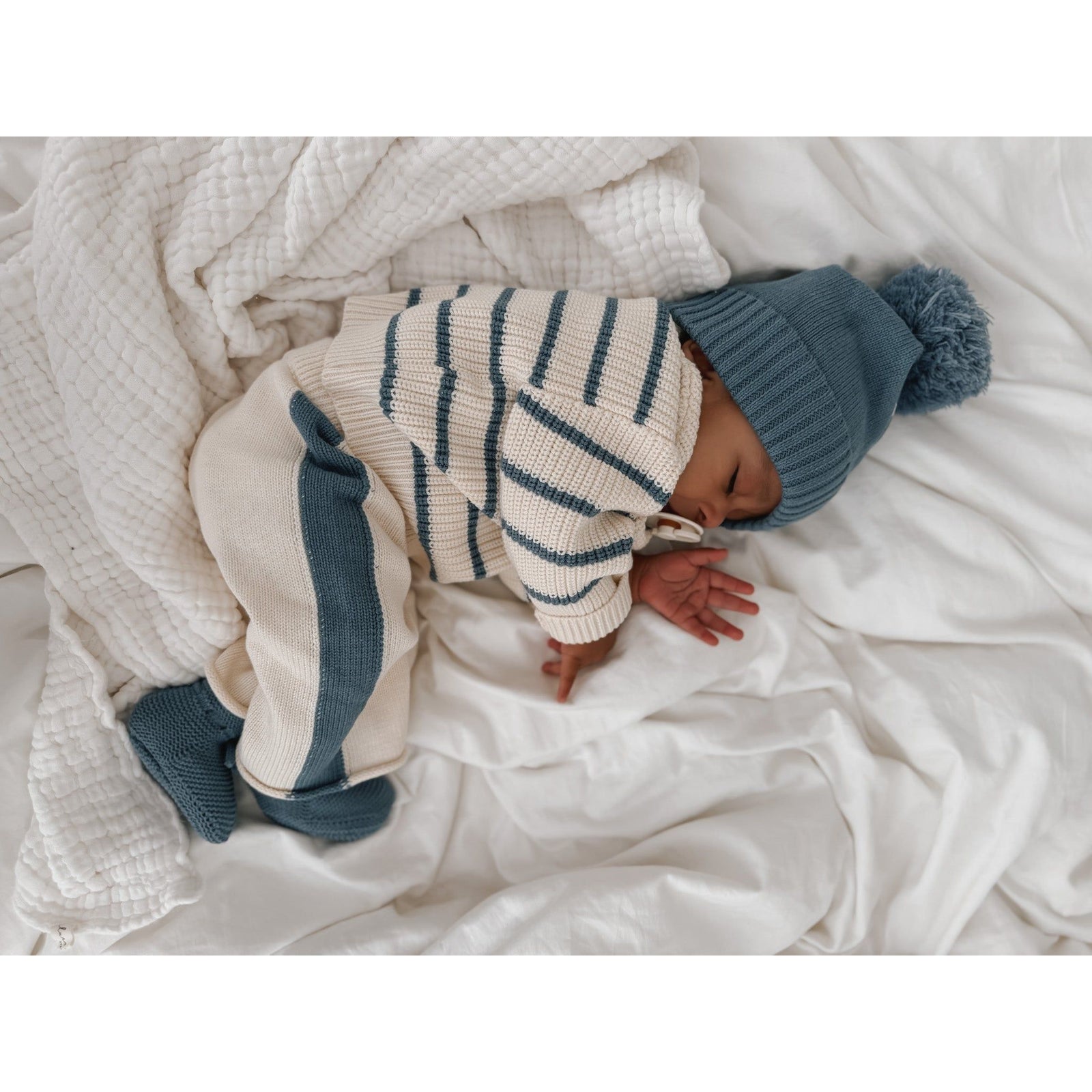 Knit Striped Pants - Cream & Denim Blue