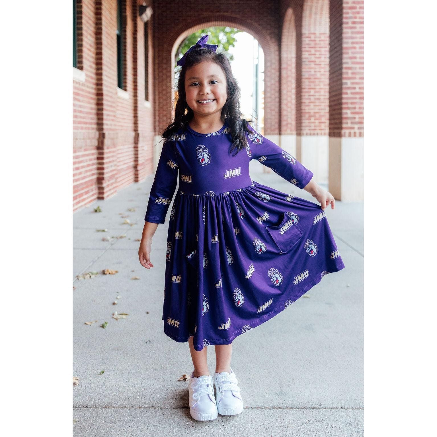 JMU Purple Duke Dog 3/4 Sleeve Pocket Twirl Dress