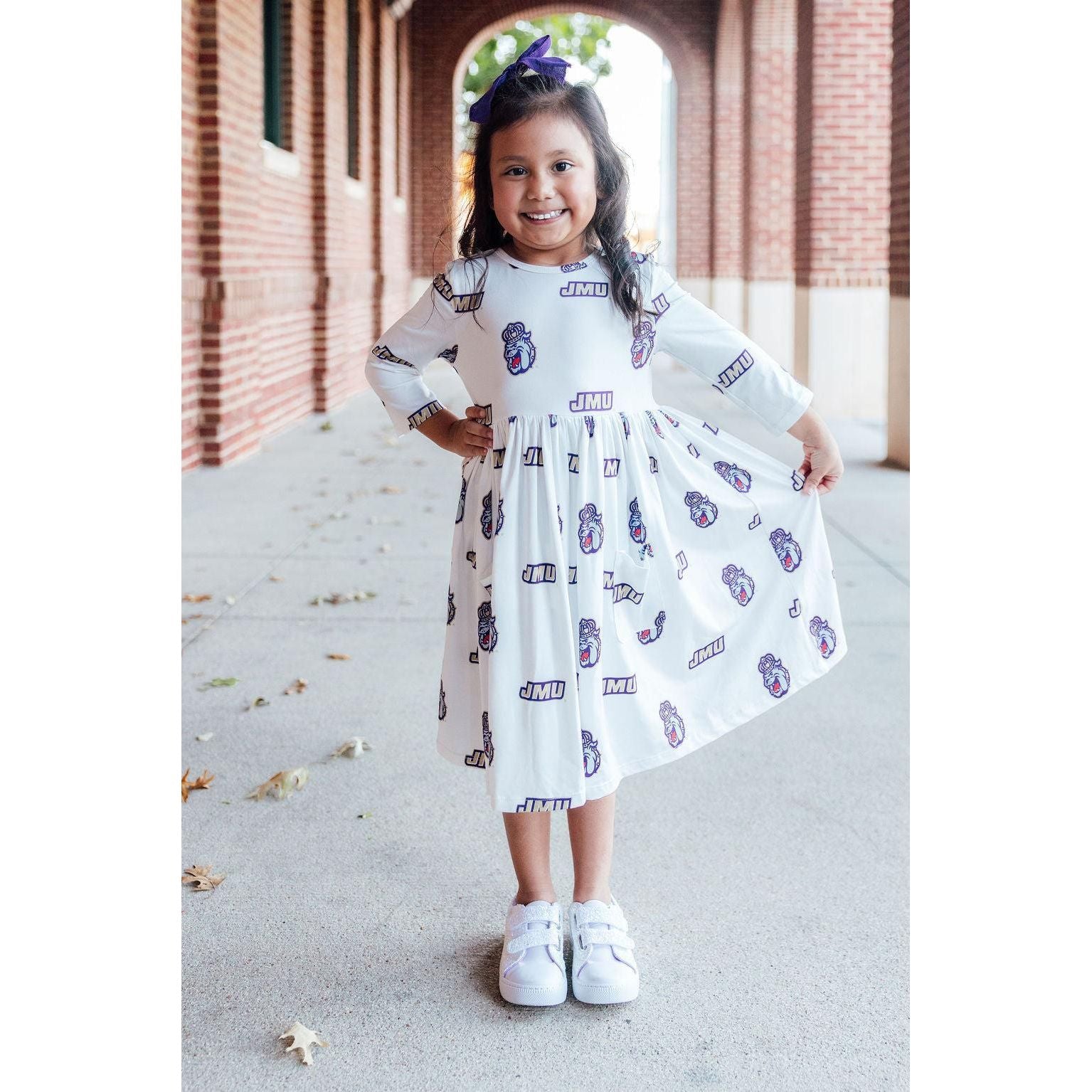 JMU White Duke Dog 3/4 Sleeve Pocket Twirl Dress