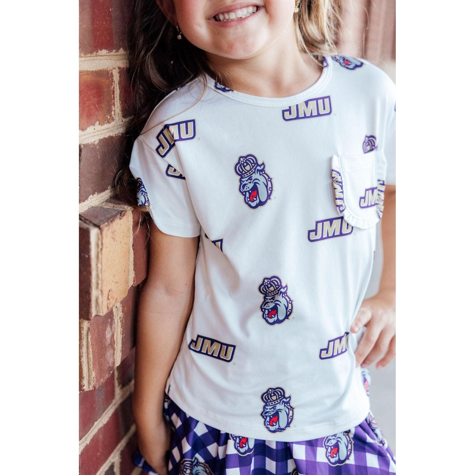 JMU White Duke Dog Ruffle Pocket Tee